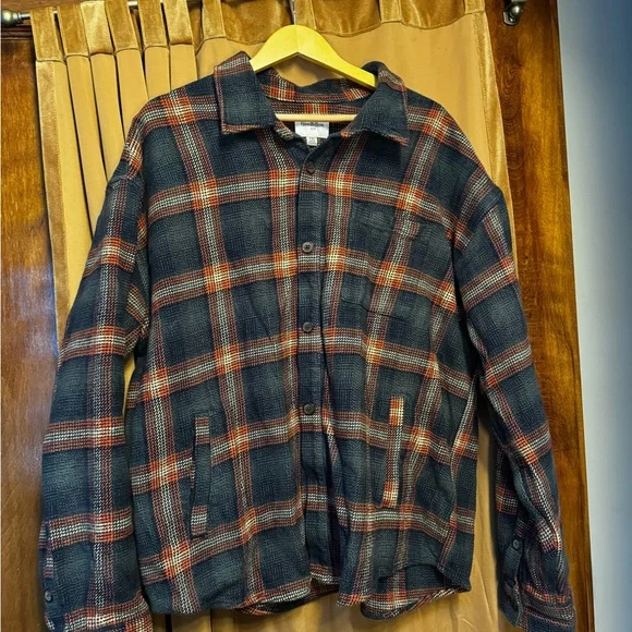 Goodfellow & Co Navy and Orange Plaid Flannel Shirt Jacket - Picture 3 of 3